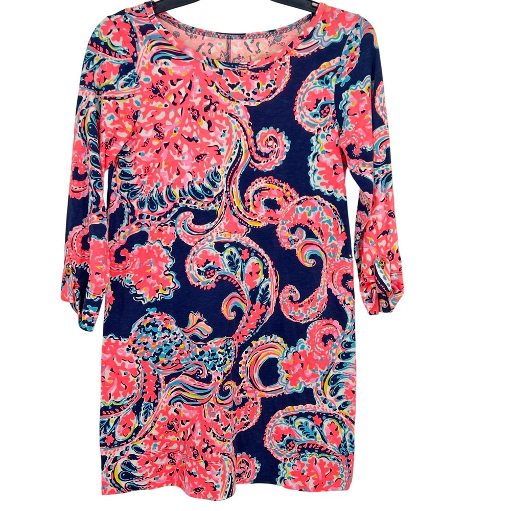 Lilly Pulitzer Pima Cotton Paisley T-Shirt Dress Navy Pink Orange Medium - CJ